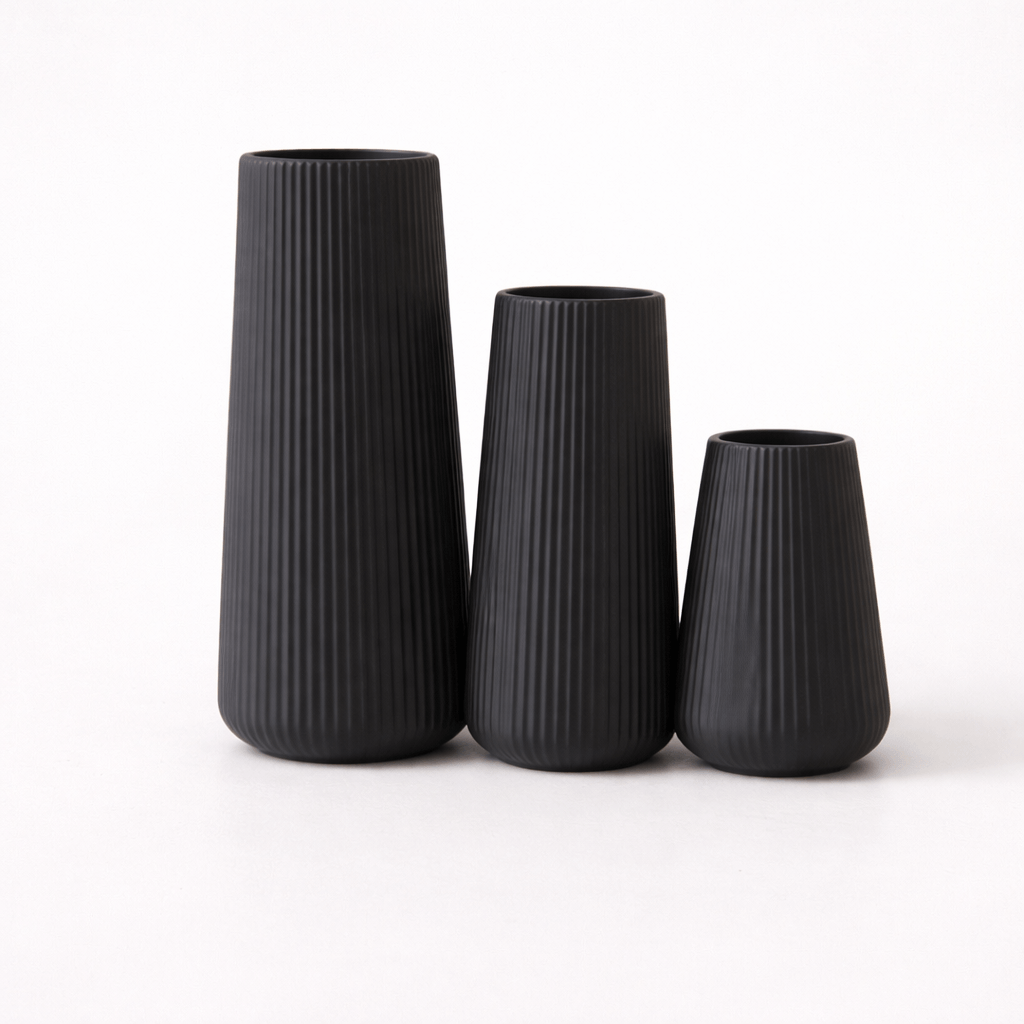 Black Ribbed Tapered Vase